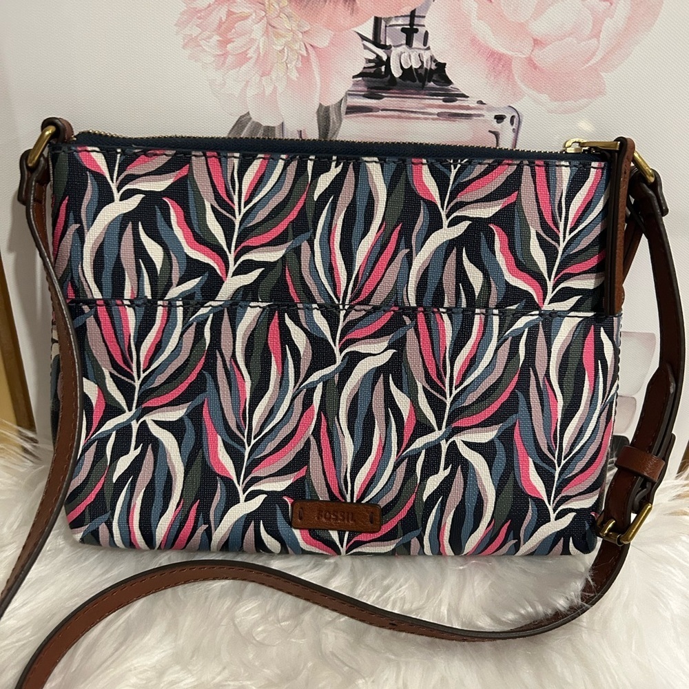 Fossil Multicolor Floral Print Leather Trim Crossbody Shoulder Bag boho - Picture 9 of 15